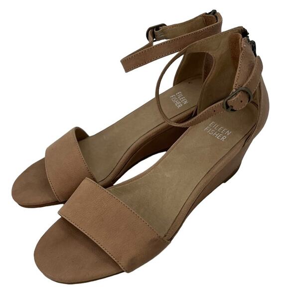 EILEEN FISHER "MARA" TAN LEATHER ANKLE STRAP OPEN TOE LOW HEEL SANDALS/WEDGES - Picture 2 of 11